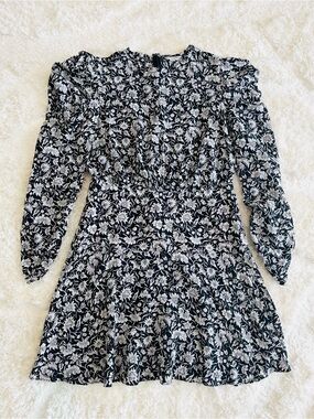 Joie Black and White Floral Long-Sleeve Fit-and-Flare Dress Size 6